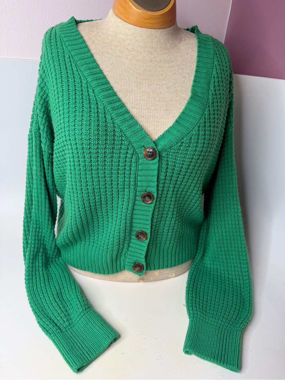 Pink Rose Green V-Neck Button-Front Ribbed Cardigan